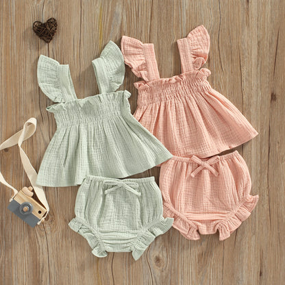 Cotton Linen Square Neck Top & Ruffle Shorts Set