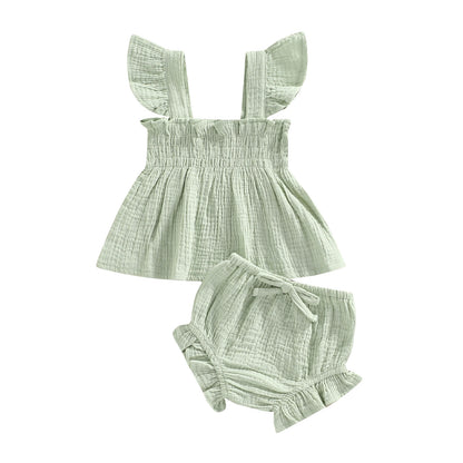 Cotton Linen Square Neck Top & Ruffle Shorts Set