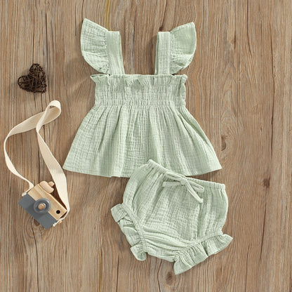 Cotton Linen Square Neck Top & Ruffle Shorts Set